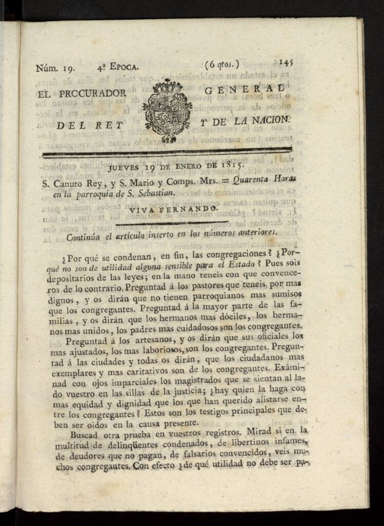 Miniatura de El Procurador General de la Nación y del Rey (Madrid) del 19 de enero de 1815, nº 19