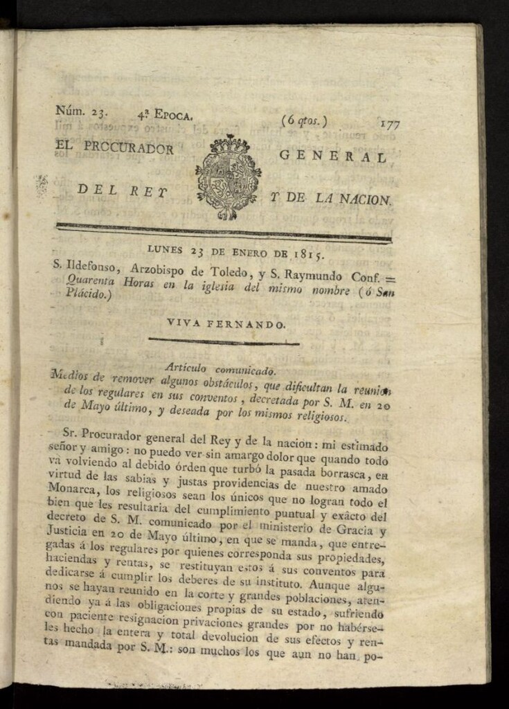 Miniatura de El Procurador General de la Nación y del Rey (Madrid) del 23 de enero de 1815, nº 23