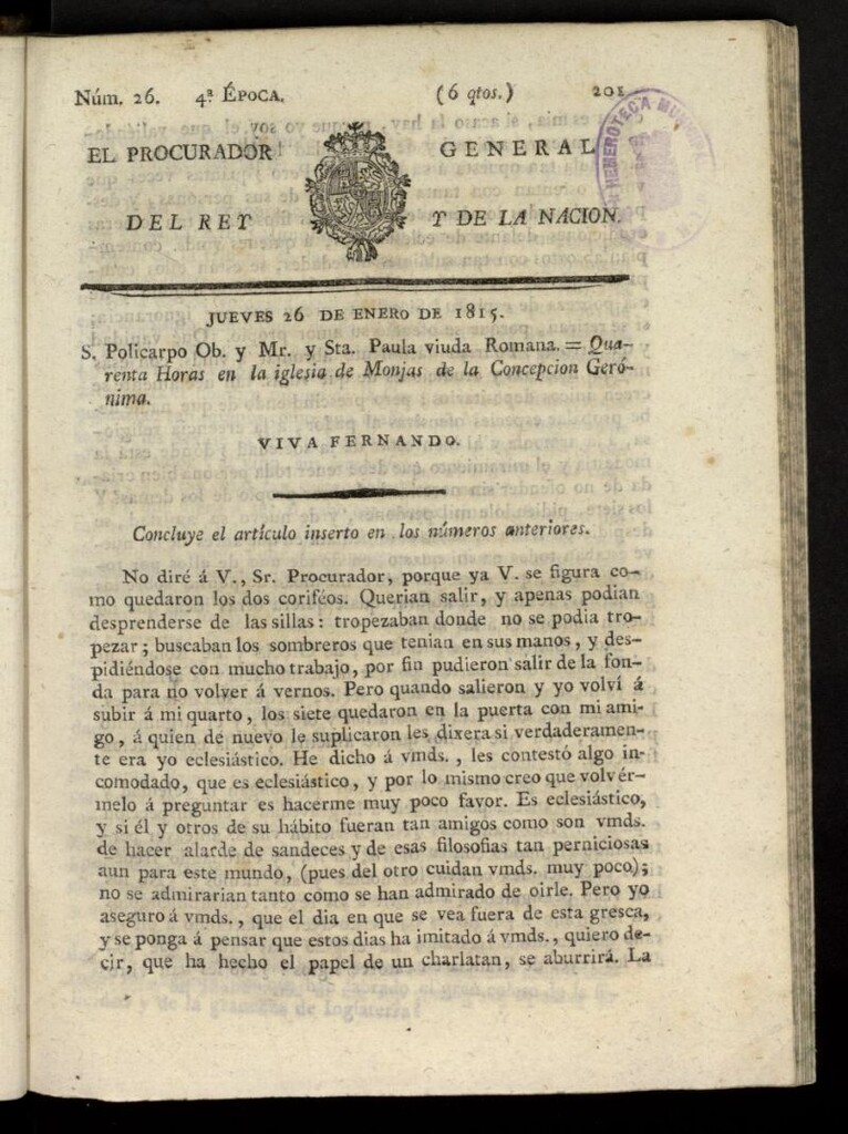 Miniatura de El Procurador General de la Nación y del Rey (Madrid) del 26 de enero de 1815, nº 26