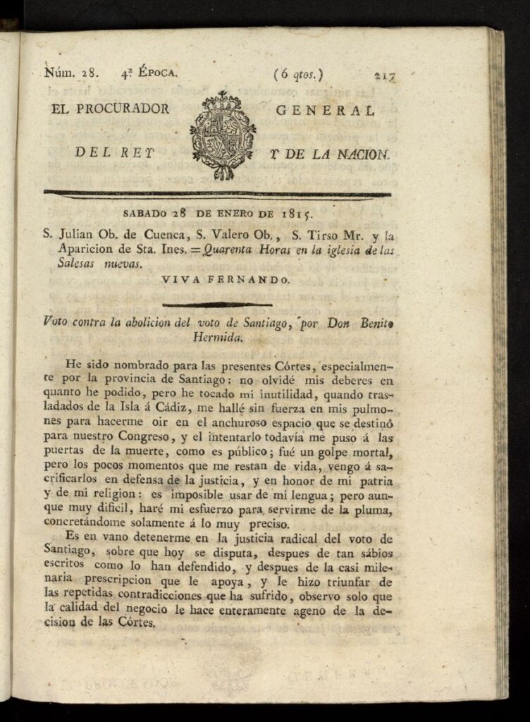 Miniatura de El Procurador General de la Nación y del Rey (Madrid) del 28 de enero de 1815, nº 28