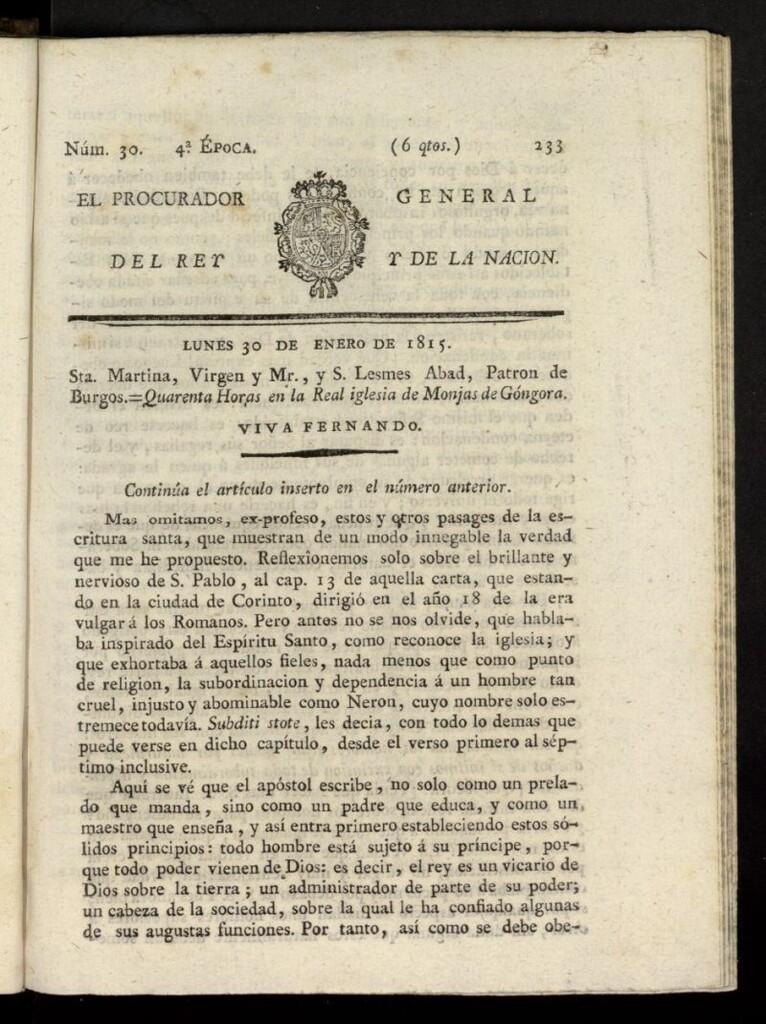 Miniatura de El Procurador General de la Nación y del Rey (Madrid) del 30 de enero de 1815, nº 30