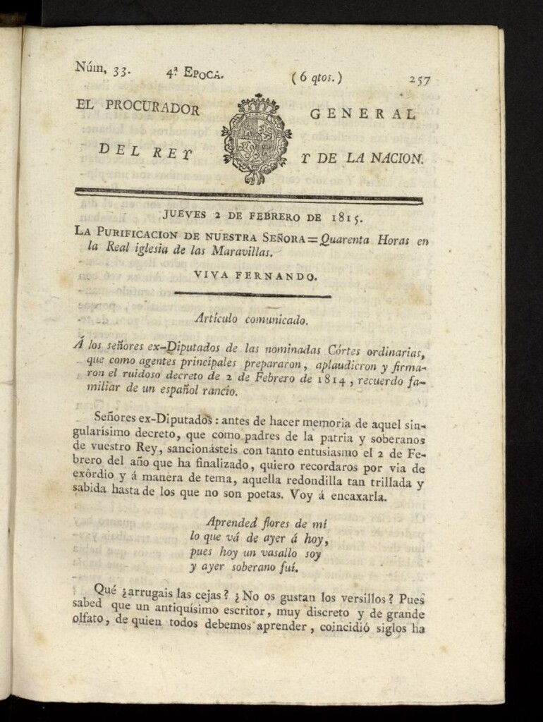 Miniatura de El Procurador General de la Nación y del Rey (Madrid) del 2 de febrero de 1815, nº 33