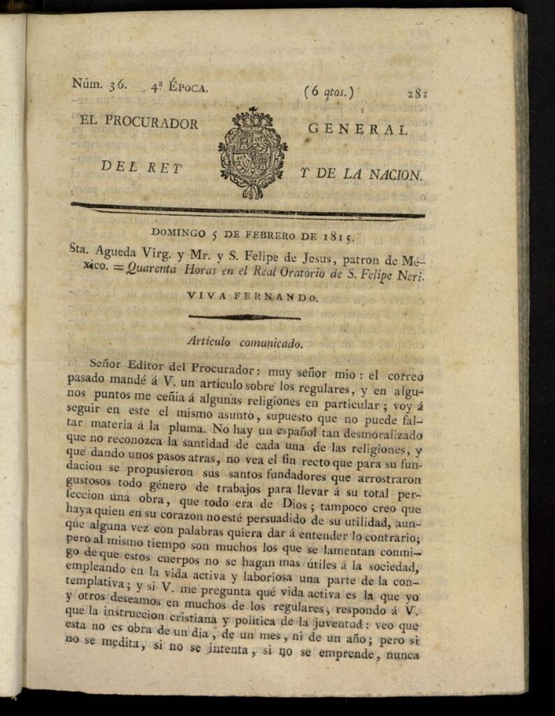 Miniatura de El Procurador General de la Nación y del Rey (Madrid) del 5 de febrero de 1815, nº 36
