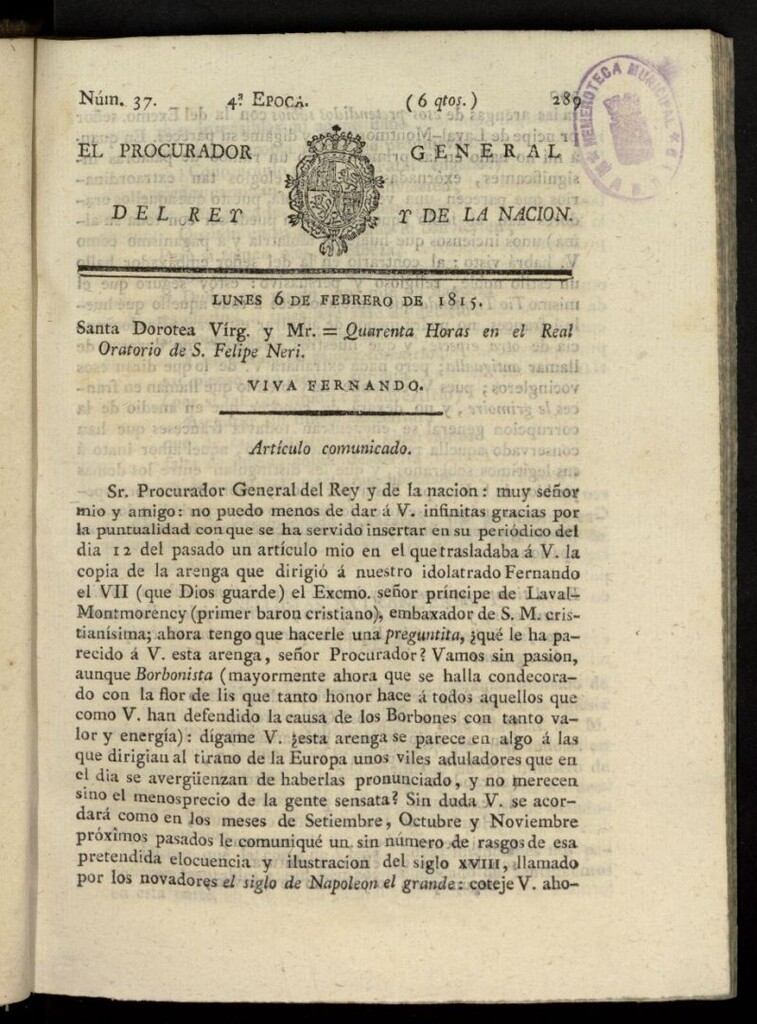 Miniatura de El Procurador General de la Nación y del Rey (Madrid) del 6 de febrero de 1815, nº 37