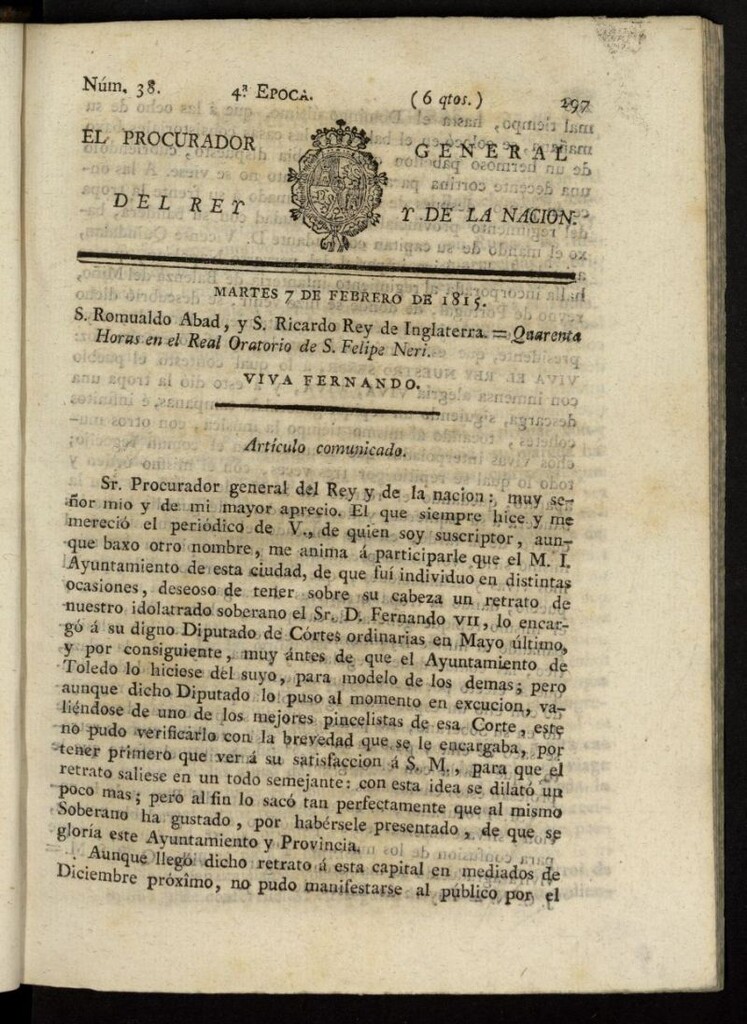 Miniatura de El Procurador General de la Nación y del Rey (Madrid) del 7 de febrero de 1815, nº 38