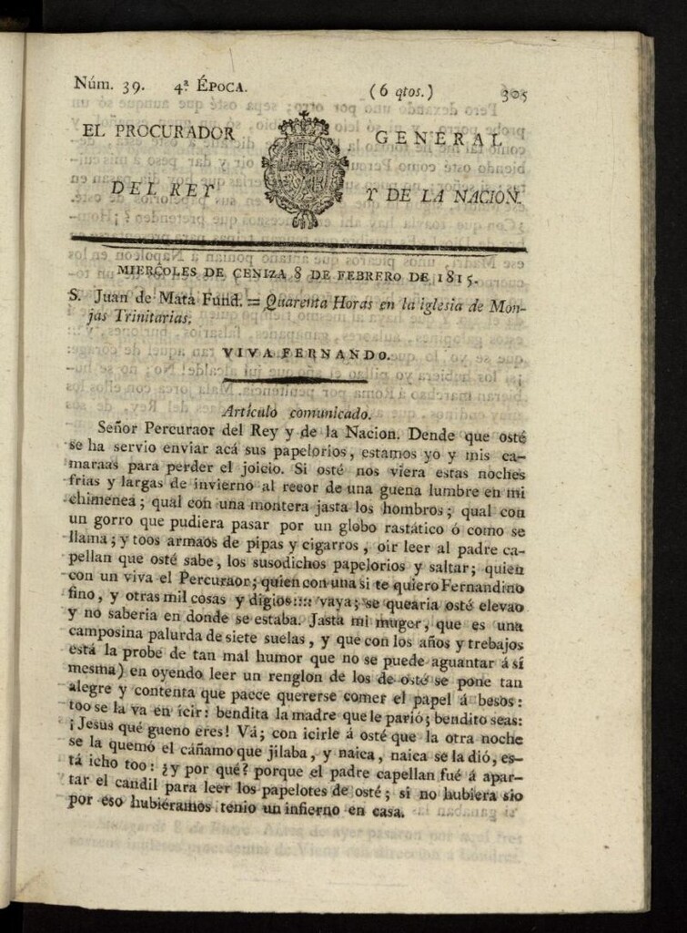 Miniatura de El Procurador General de la Nación y del Rey (Madrid) del 8 de febrero de 1815, nº 39