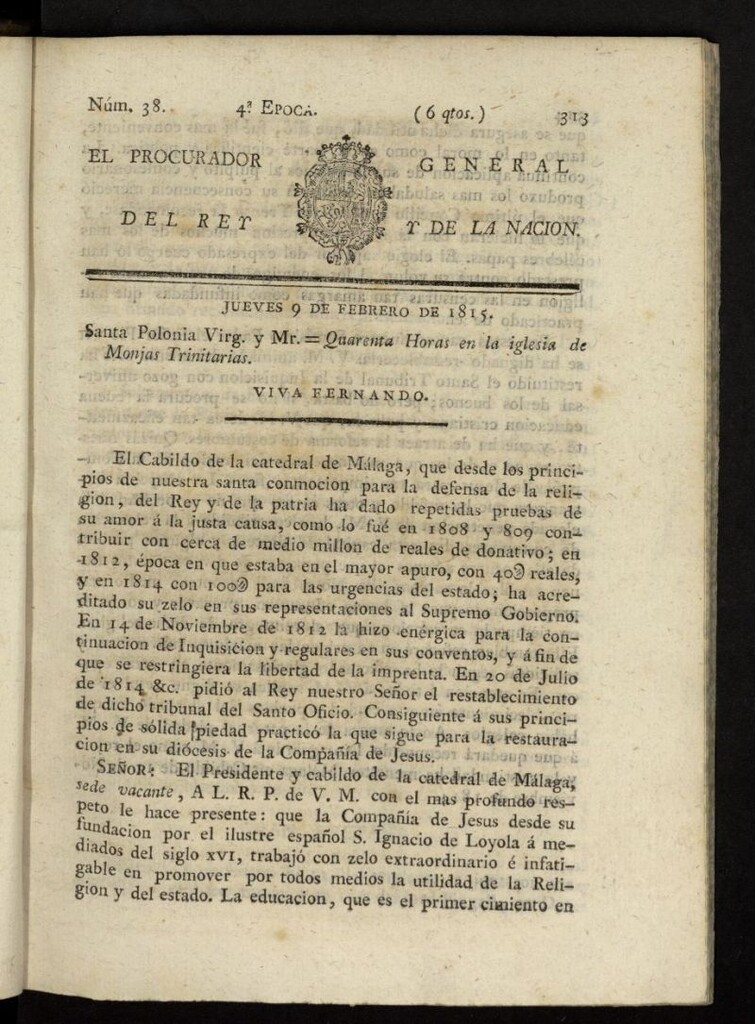 Miniatura de El Procurador General de la Nación y del Rey (Madrid) del 9 de febrero de 1815, nº 38 [sic]