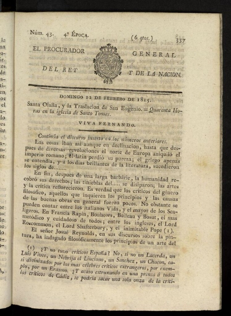 Miniatura de El Procurador General de la Nación y del Rey (Madrid) del 12 de febrero de 1815, nº 43