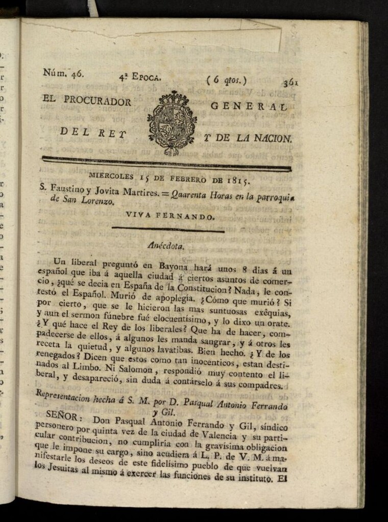 Miniatura de El Procurador General de la Nación y del Rey (Madrid) del 15 de febrero de 1815, nº 46