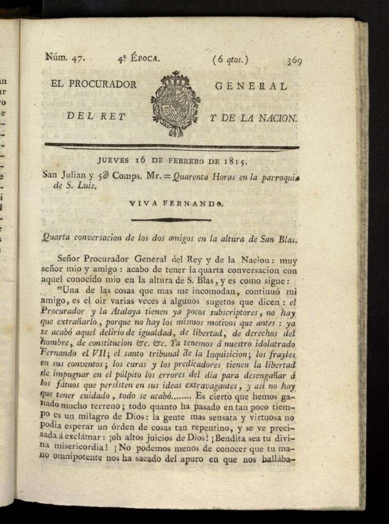 Miniatura de El Procurador General de la Nación y del Rey (Madrid) del 16 de febrero de 1815, nº 47