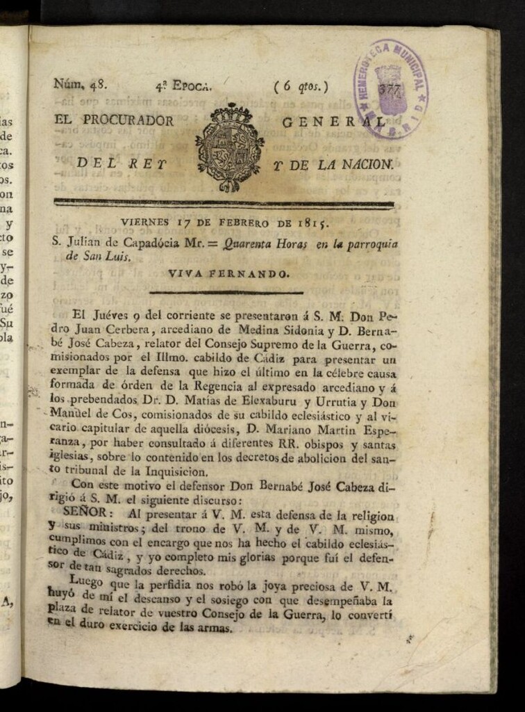 Miniatura de El Procurador General de la Nación y del Rey (Madrid) del 17 de febrero de 1815, nº 48