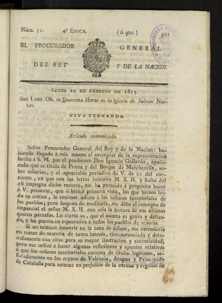 Miniatura de El Procurador General de la Nación y del Rey (Madrid) del 20 de febrero de 1815, nº 51