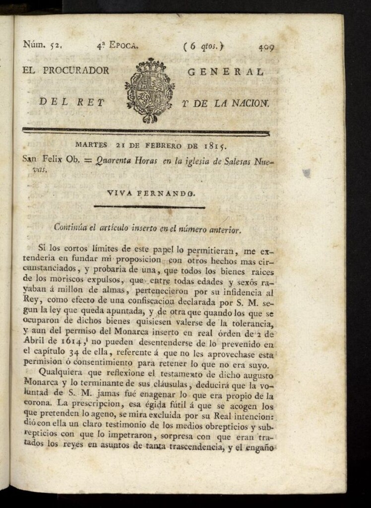 Miniatura de El Procurador General de la Nación y del Rey (Madrid) del 21 de febrero de 1815, nº 52