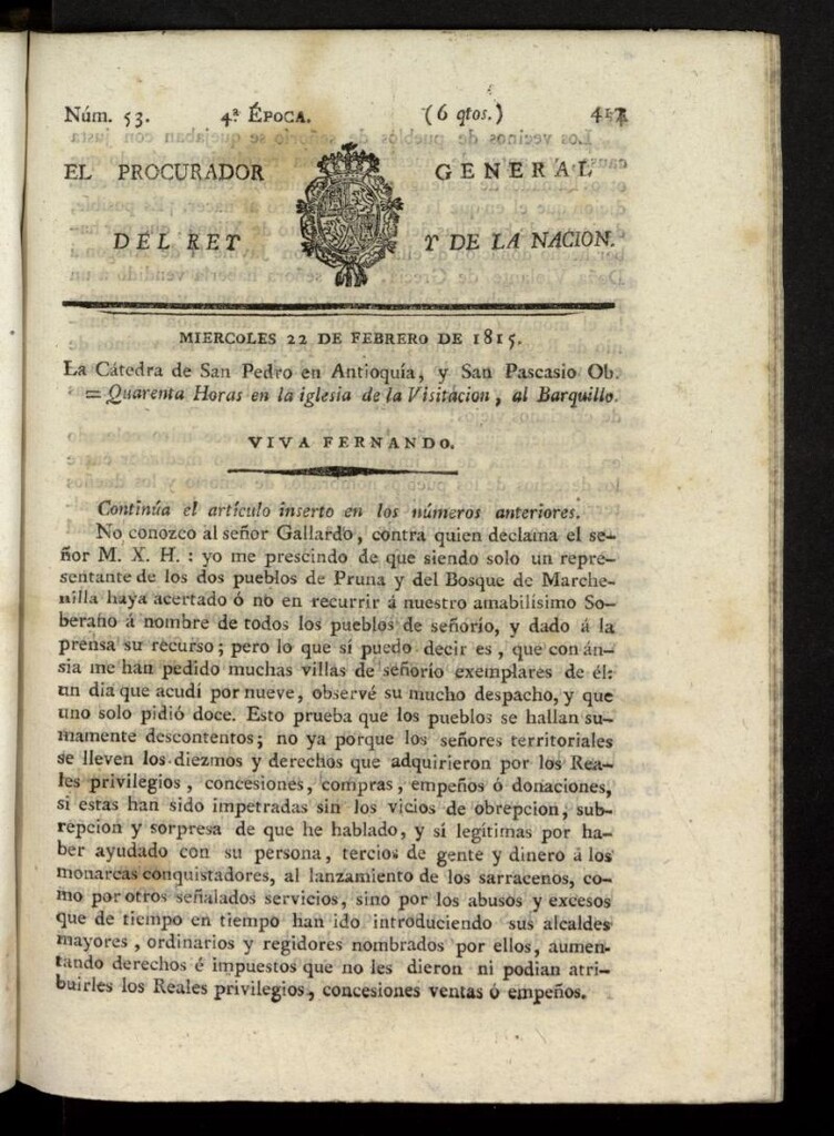 Miniatura de El Procurador General de la Nación y del Rey (Madrid) del 22 de febrero de 1815, nº 53