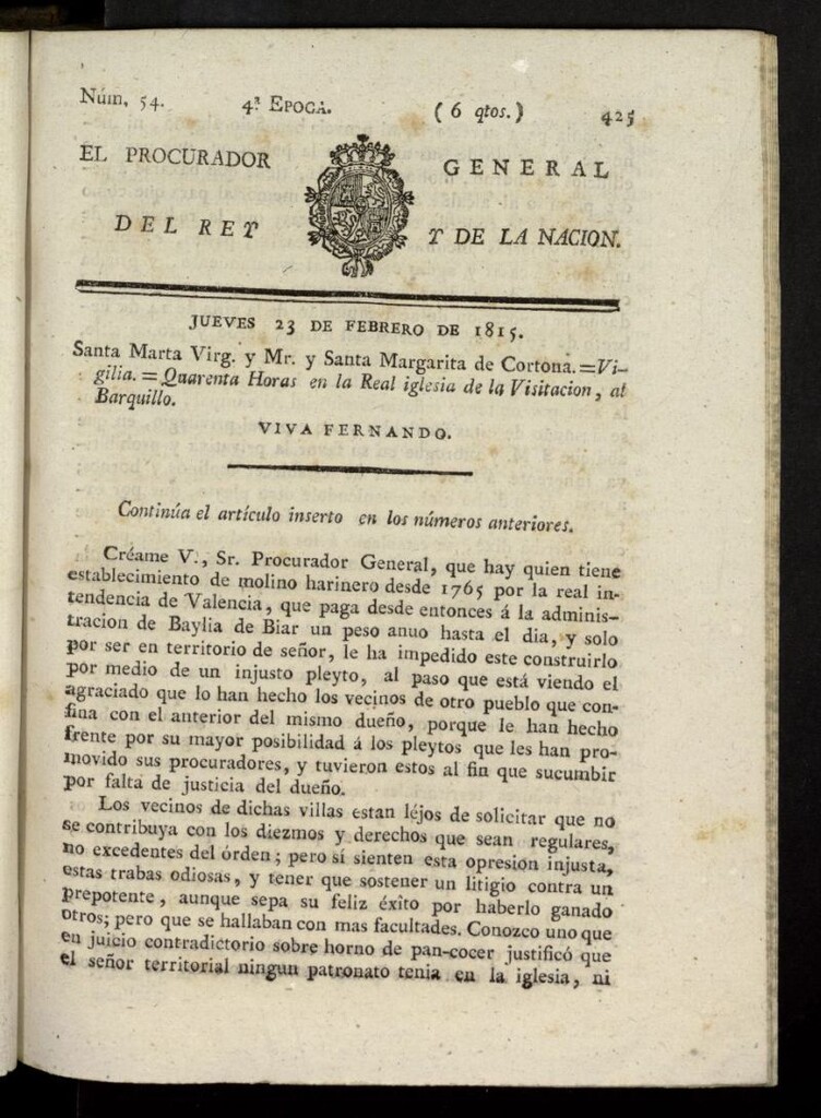 Miniatura de El Procurador General de la Nación y del Rey (Madrid) del 23 de febrero de 1815, nº 54