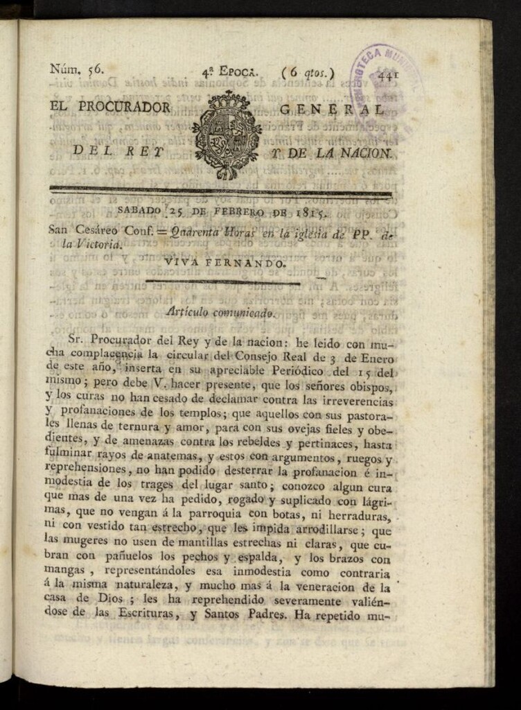 Miniatura de El Procurador General de la Nación y del Rey (Madrid) del 25 de febrero de 1815, nº 56