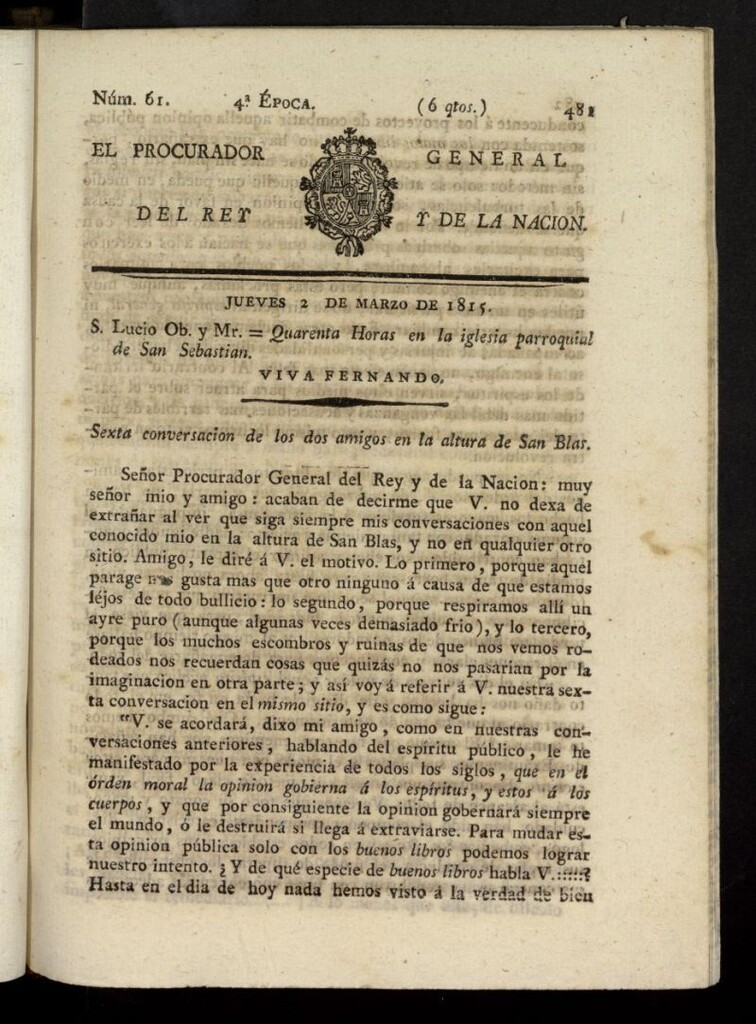 Miniatura de El Procurador General de la Nación y del Rey (Madrid) del 2 de marzo de 1815, nº 61