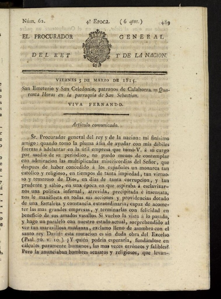 Miniatura de El Procurador General de la Nación y del Rey (Madrid) del 3 de marzo de 1815, nº 62