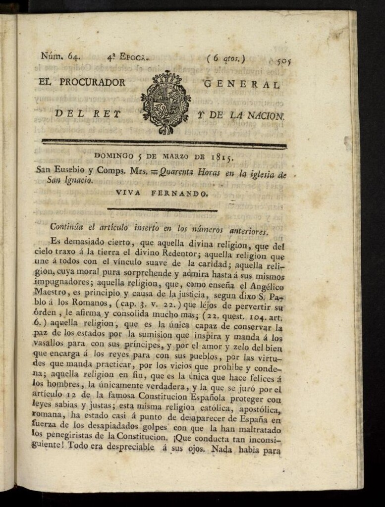 Miniatura de El Procurador General de la Nación y del Rey (Madrid) del 5 de marzo de 1815, nº 64