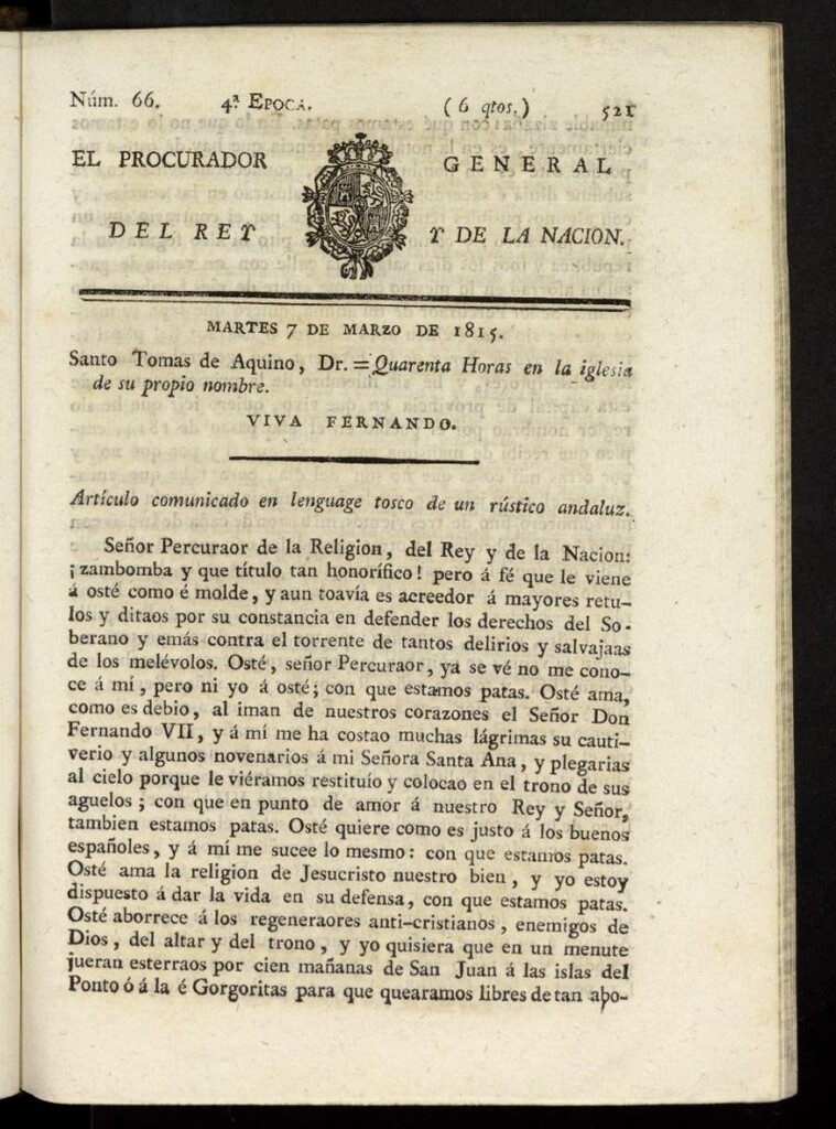 Miniatura de El Procurador General de la Nación y del Rey (Madrid) del 7 de marzo de 1815, nº 66