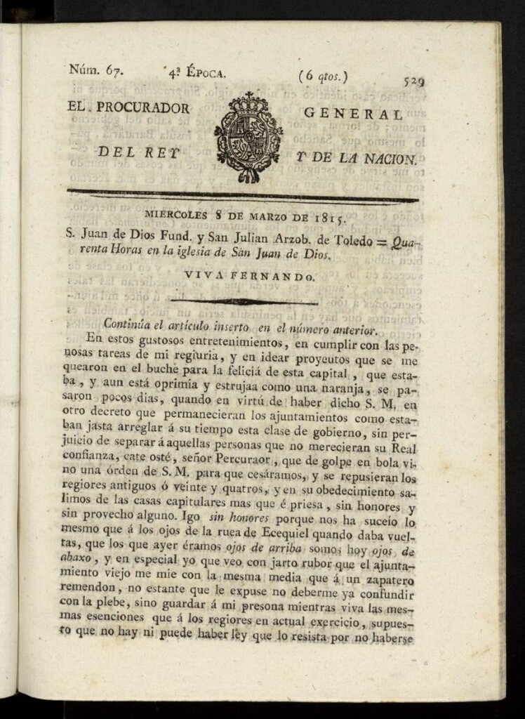 Miniatura de El Procurador General de la Nación y del Rey (Madrid) del 8 de marzo de 1815, nº 67