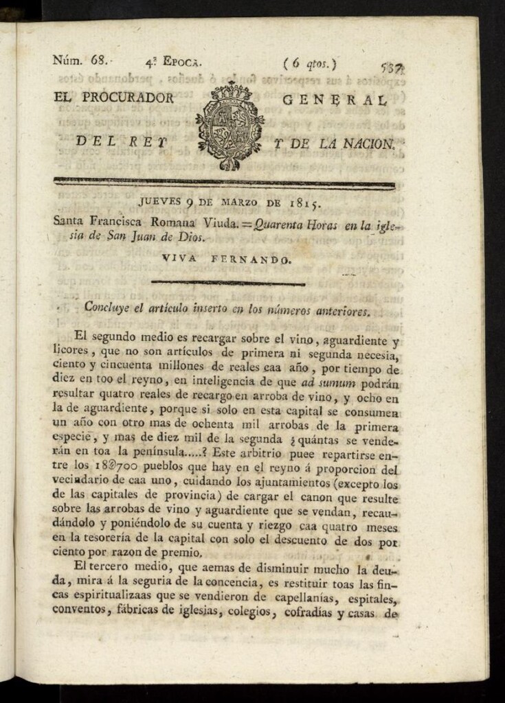 Miniatura de El Procurador General de la Nación y del Rey (Madrid) del 9 de marzo de 1815, nº 68
