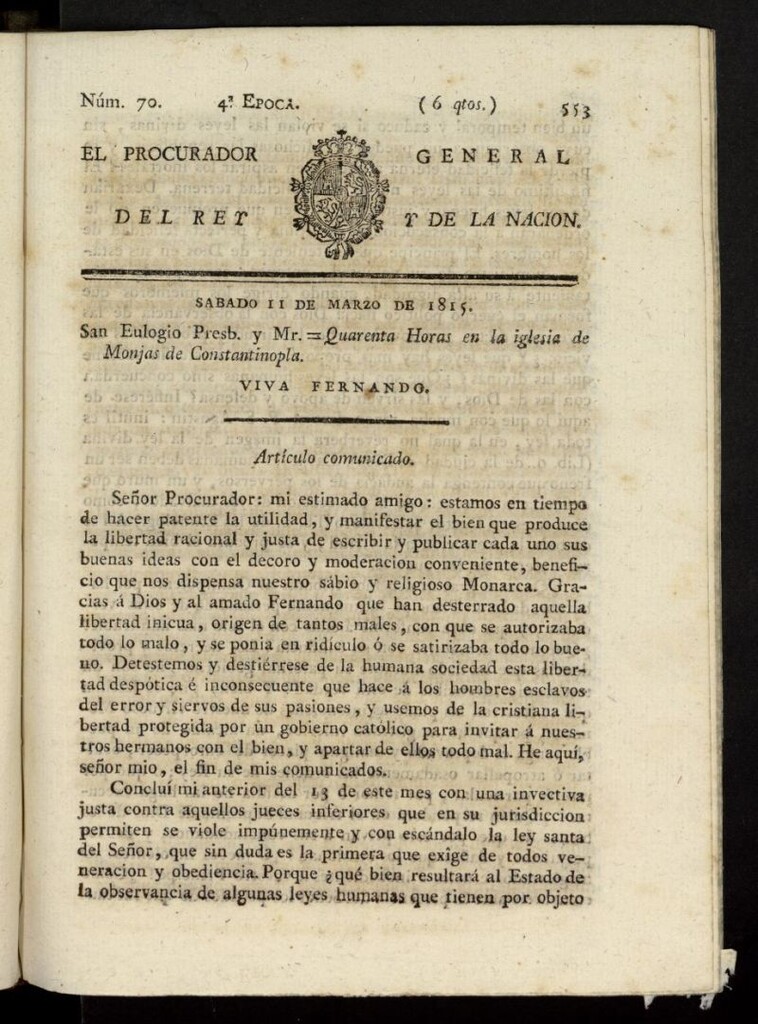 Miniatura de El Procurador General de la Nación y del Rey (Madrid) del 11 de marzo de 1815, nº 70