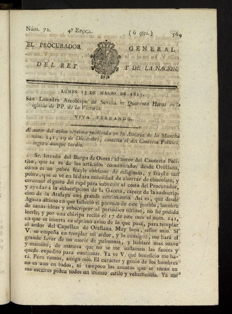 Miniatura de El Procurador General de la Nación y del Rey (Madrid) del 13 de marzo de 1815, nº 72
