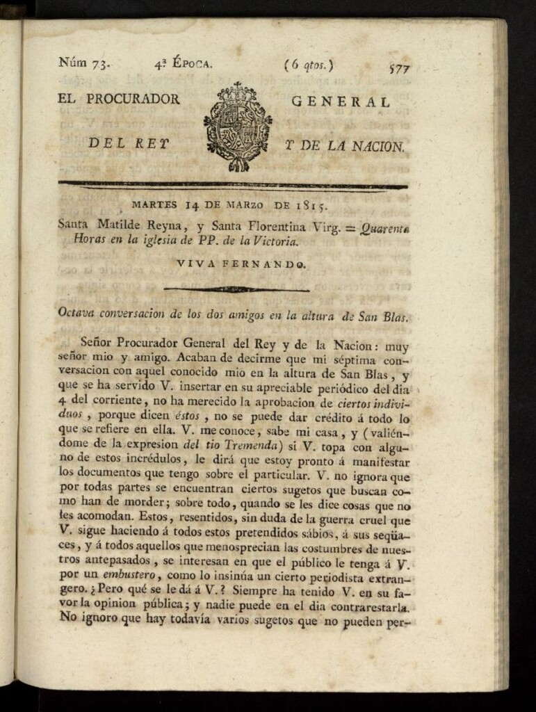 Miniatura de El Procurador General de la Nación y del Rey (Madrid) del 14 de marzo de 1815, nº 14