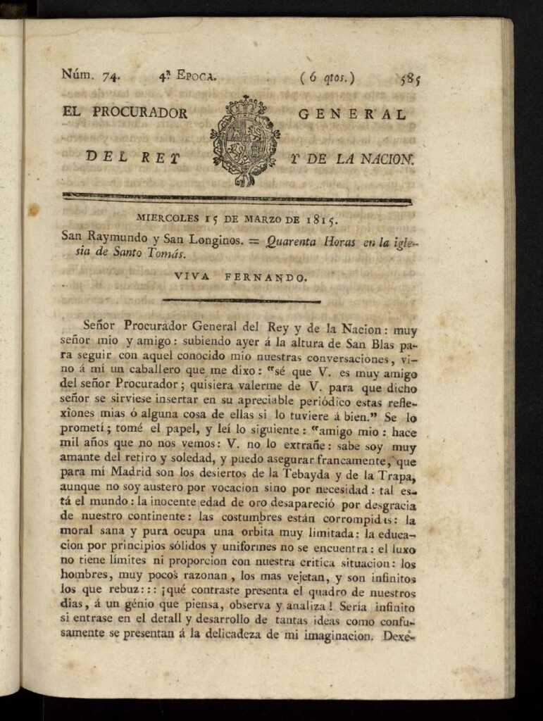 Miniatura de El Procurador General de la Nación y del Rey (Madrid) del 15 de marzo de 1815, nº 74