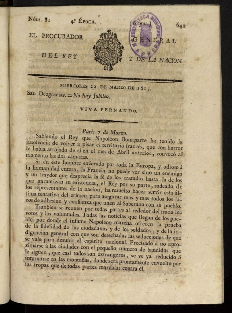 Miniatura de El Procurador General de la Nación y del Rey (Madrid) del 22 de marzo de 1815, nº 81