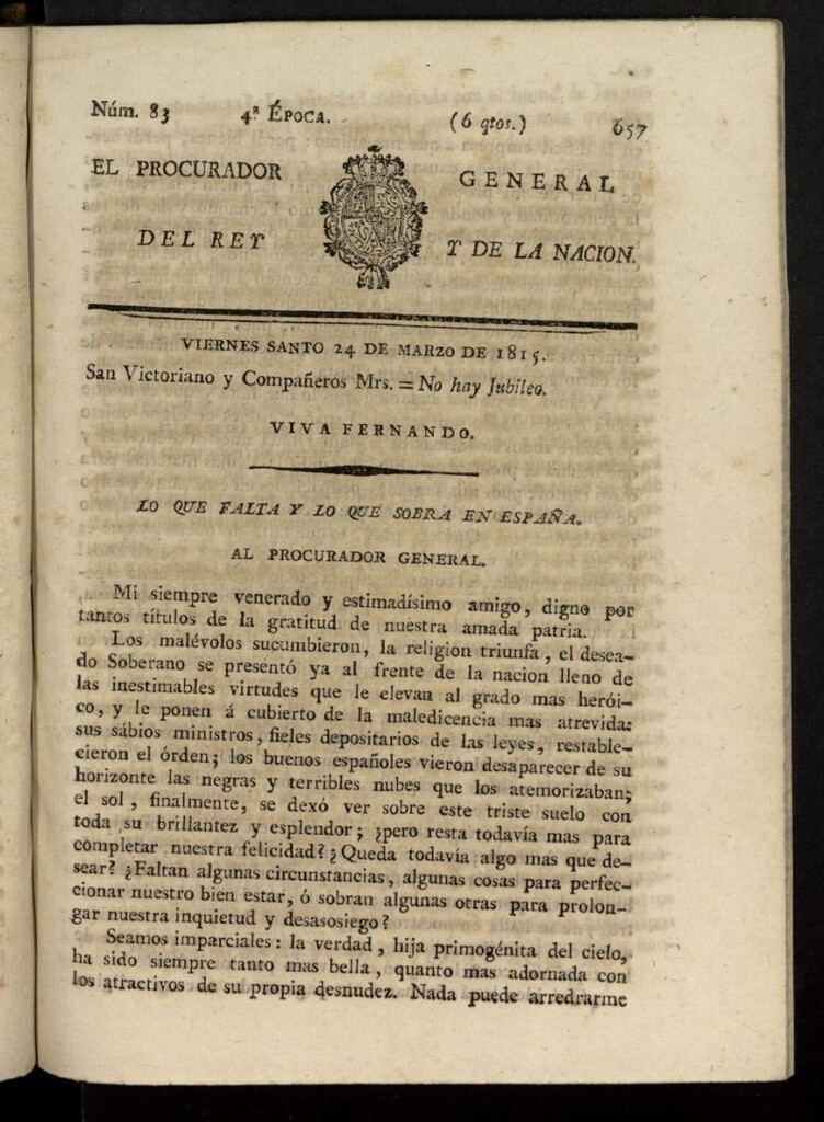 Miniatura de El Procurador General de la Nación y del Rey (Madrid) del 24 de marzo de 1815, nº 83
