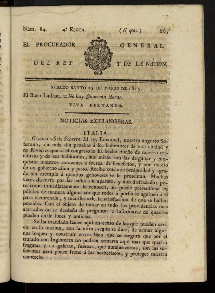 Miniatura de El Procurador General de la Nación y del Rey (Madrid) del 25 de marzo de 1815, nº 84