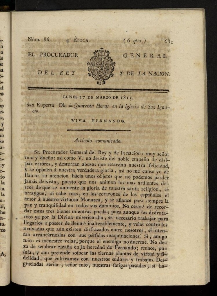 Miniatura de El Procurador General de la Nación y del Rey (Madrid) del 27 de marzo de 1815, nº 86