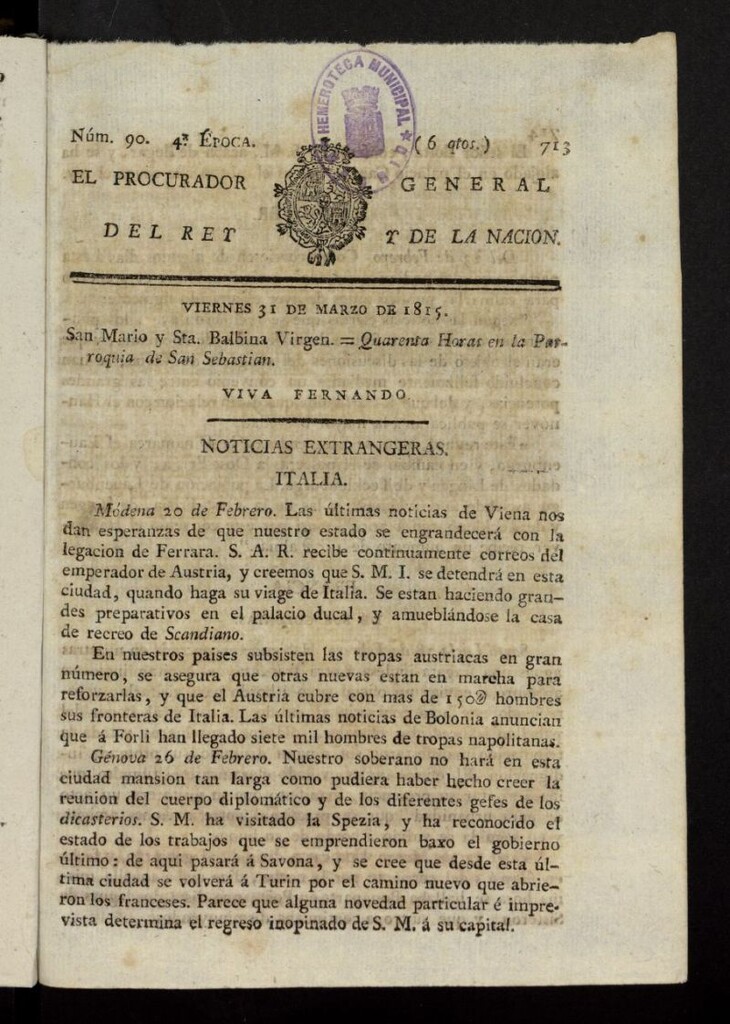 Miniatura de El Procurador General de la Nación y del Rey (Madrid) del 31 de marzo de 1815, nº 90