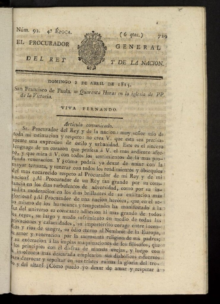 Miniatura de El Procurador General de la Nación y del Rey (Madrid) del 2 de abril de 1815, nº 92