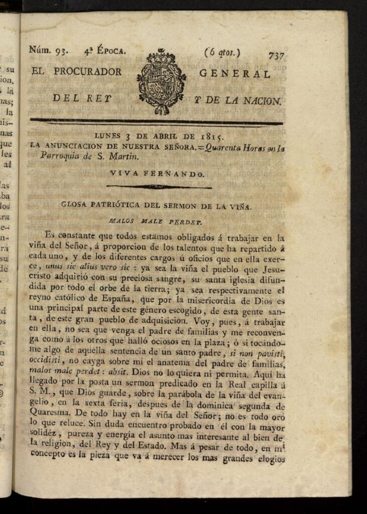 Miniatura de El Procurador General de la Nación y del Rey (Madrid) del 3 de abril de 1815, nº 93