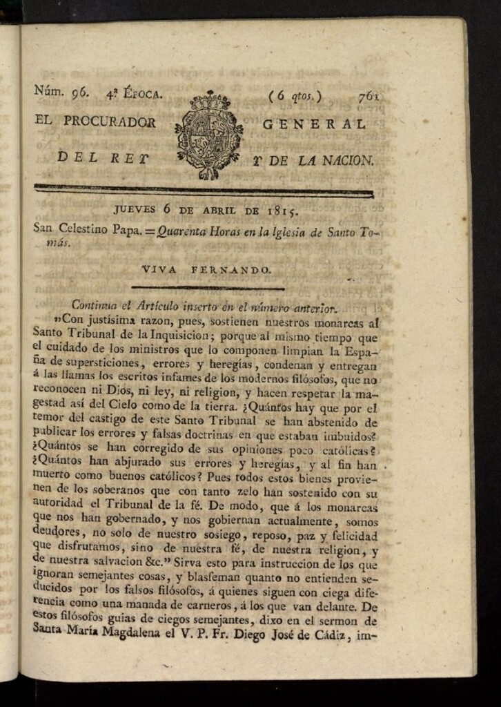 Miniatura de El Procurador General de la Nación y del Rey (Madrid) del 6 de abril de 1815, nº 96
