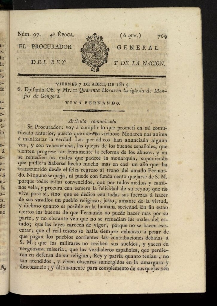 Miniatura de El Procurador General de la Nación y del Rey (Madrid) del 7 de abril de 1815, nº 97