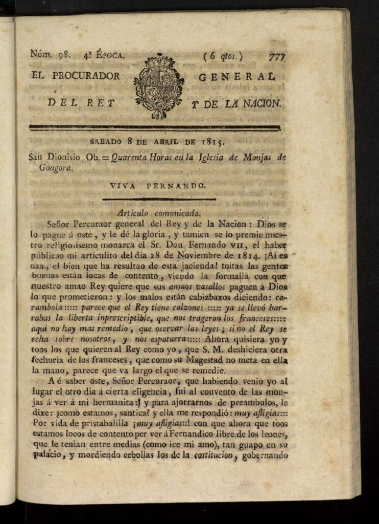 Miniatura de El Procurador General de la Nación y del Rey (Madrid) del 8 de abril de 1815, nº 98
