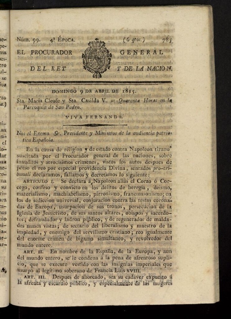 Miniatura de El Procurador General de la Nación y del Rey (Madrid) del 9 de abril de 1815, nº 99