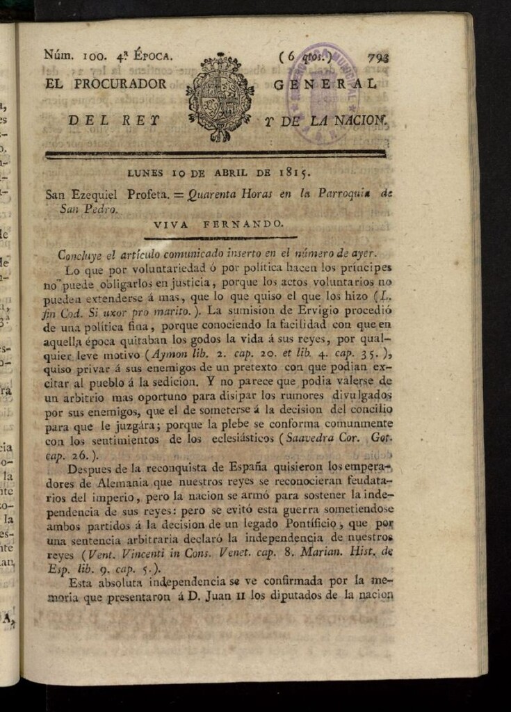 Miniatura de El Procurador General de la Nación y del Rey (Madrid) del 10 de abril de 1815, nº 100