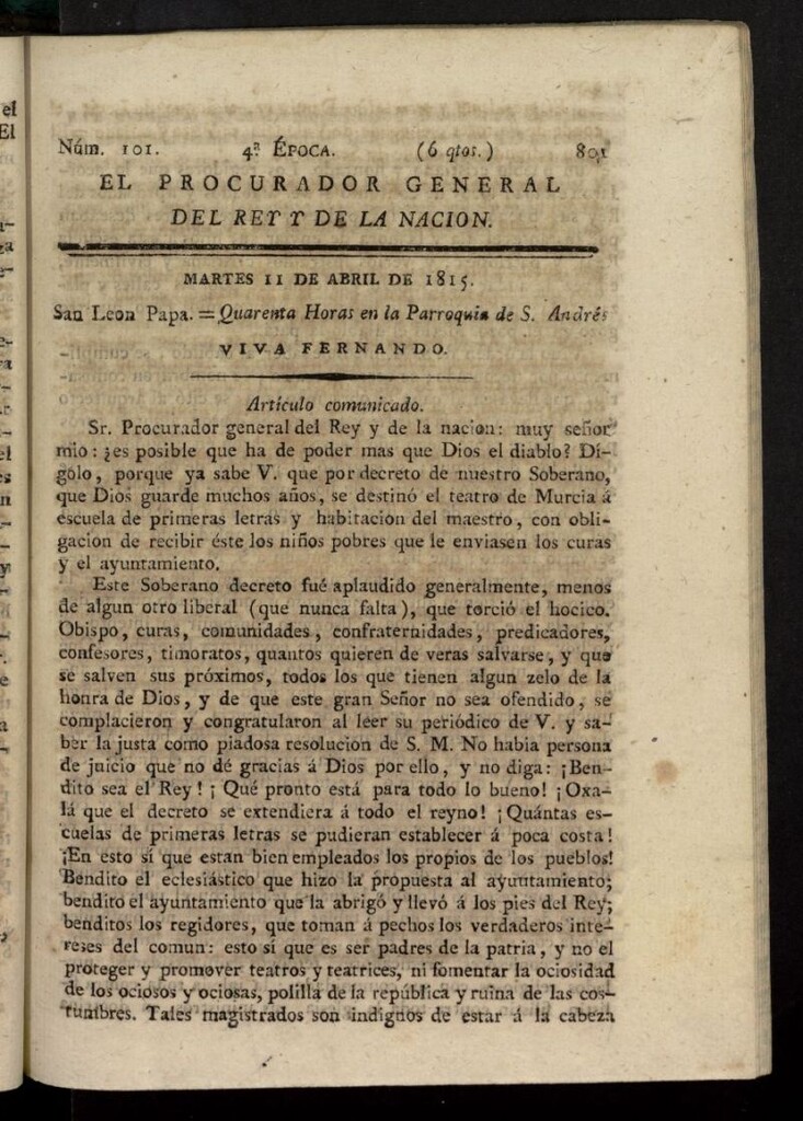 Miniatura de El Procurador General de la Nación y del Rey (Madrid) del 11 de abril de 1815, nº 101