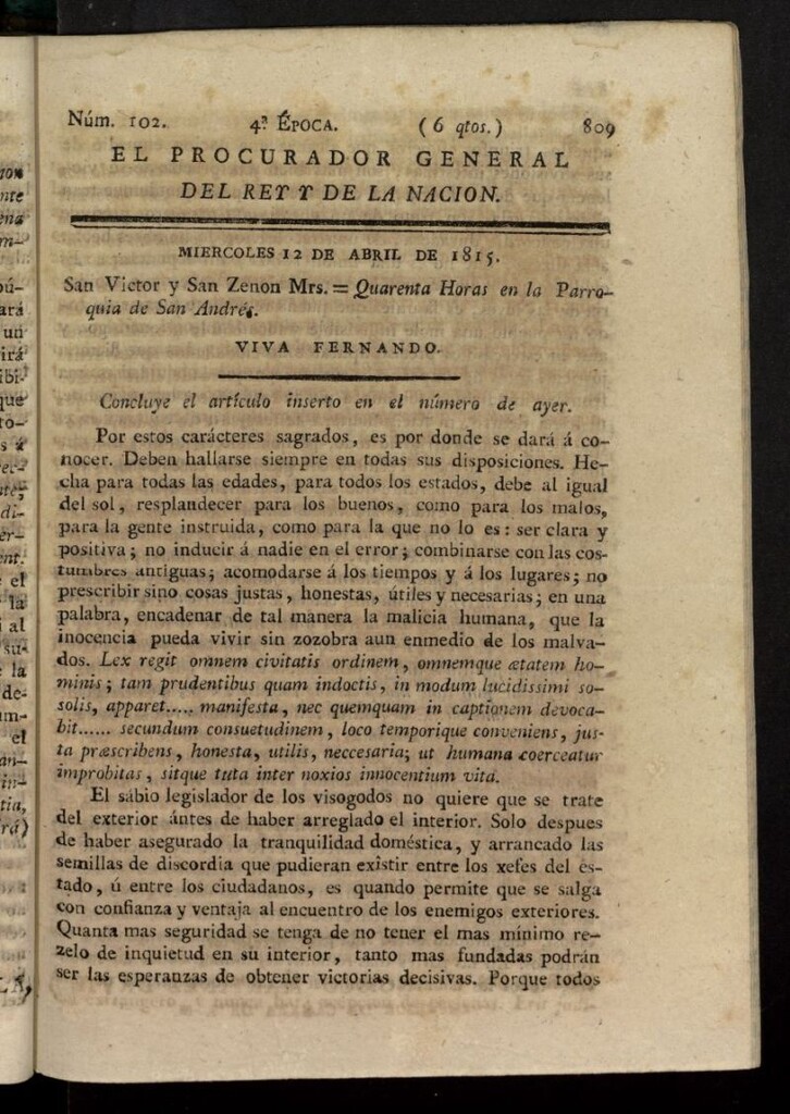 Miniatura de El Procurador General de la Nación y del Rey (Madrid) del 12 de abril de 1815, nº 102