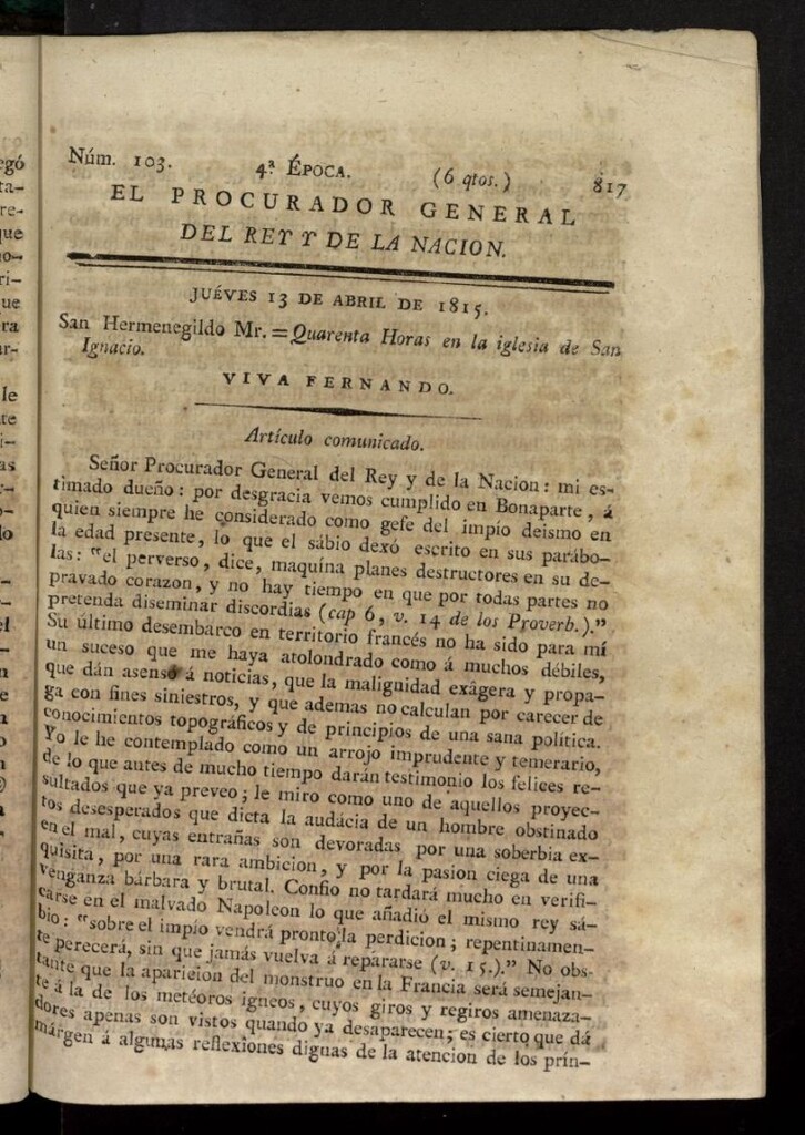 Miniatura de El Procurador General de la Nación y del Rey (Madrid) del 13 de abril de 1815, nº 103