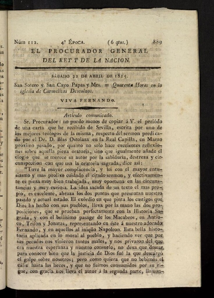 Miniatura de El Procurador General de la Nación y del Rey (Madrid) del 22 de abril de 1815, nº 112
