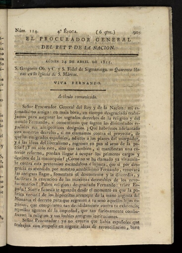 Miniatura de El Procurador General de la Nación y del Rey (Madrid) del 24 de abril de 1815, nº 114