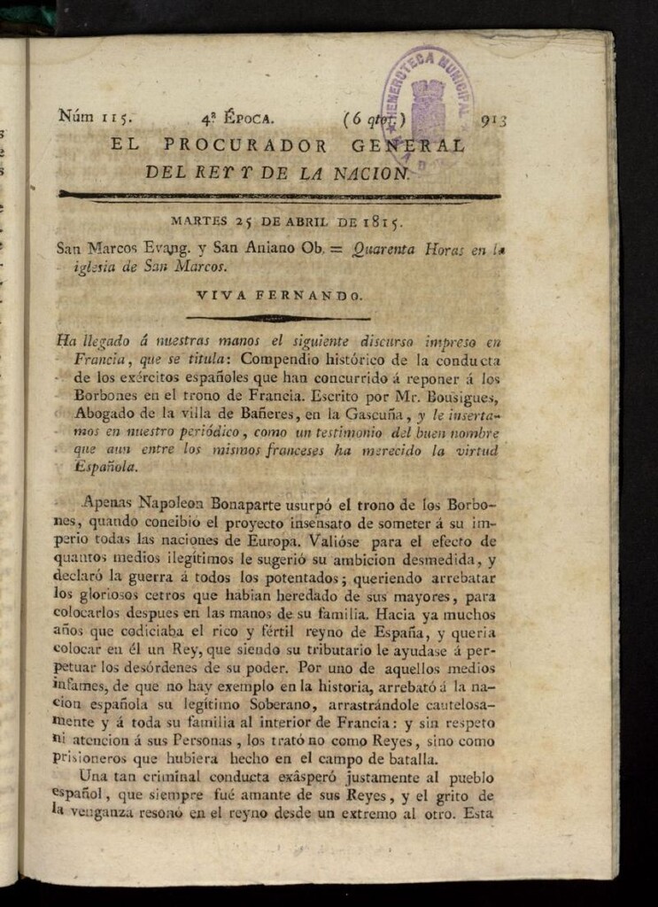 Miniatura de El Procurador General de la Nación y del Rey (Madrid) del 25 de abril de 1815, nº 115
