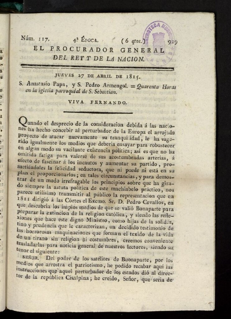 Miniatura de El Procurador General de la Nación y del Rey (Madrid) del 27 de abril de 1815, nº 117