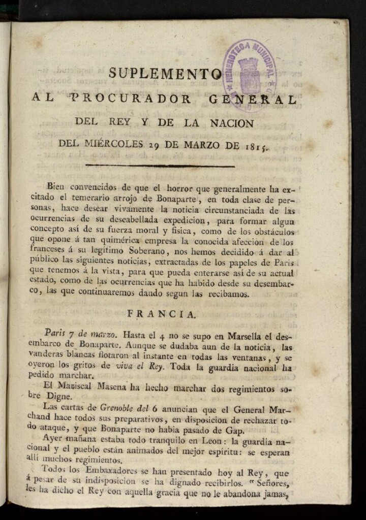 Miniatura de El Procurador General de la Nación y del Rey (Madrid) del 29 de marzo de 1815, suplemento al nº 88